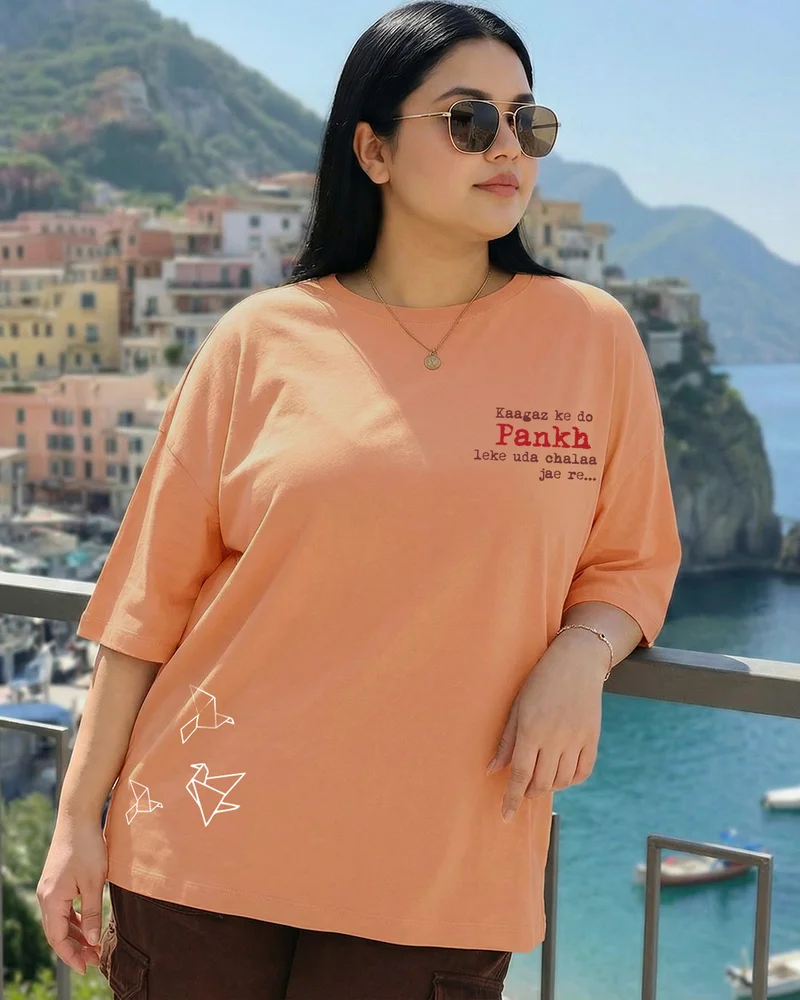 بيواكوف Women's Caramel Orange Pankh Graphic Printed Oversized Plus Size T-shirt